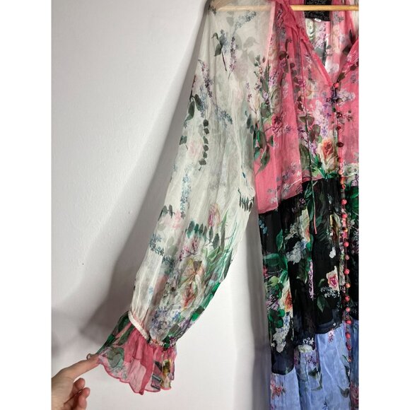 Johnny Was Adore Floral Sheer Boho Dress Button Detail & Tassel Tie Multicolor S - Picture 2 of 13